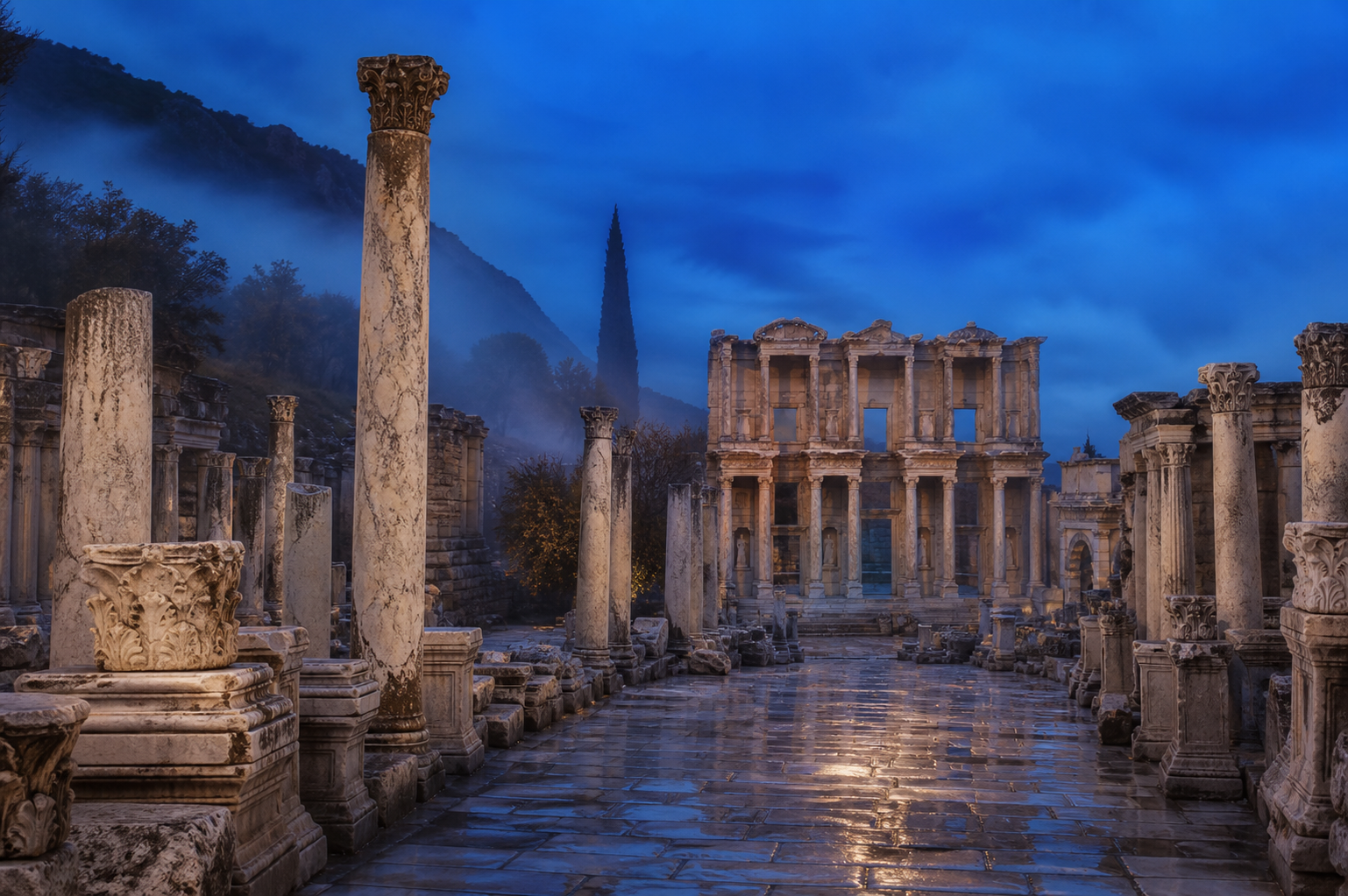 Marble colonnades of ancient Ephesus at blue hour